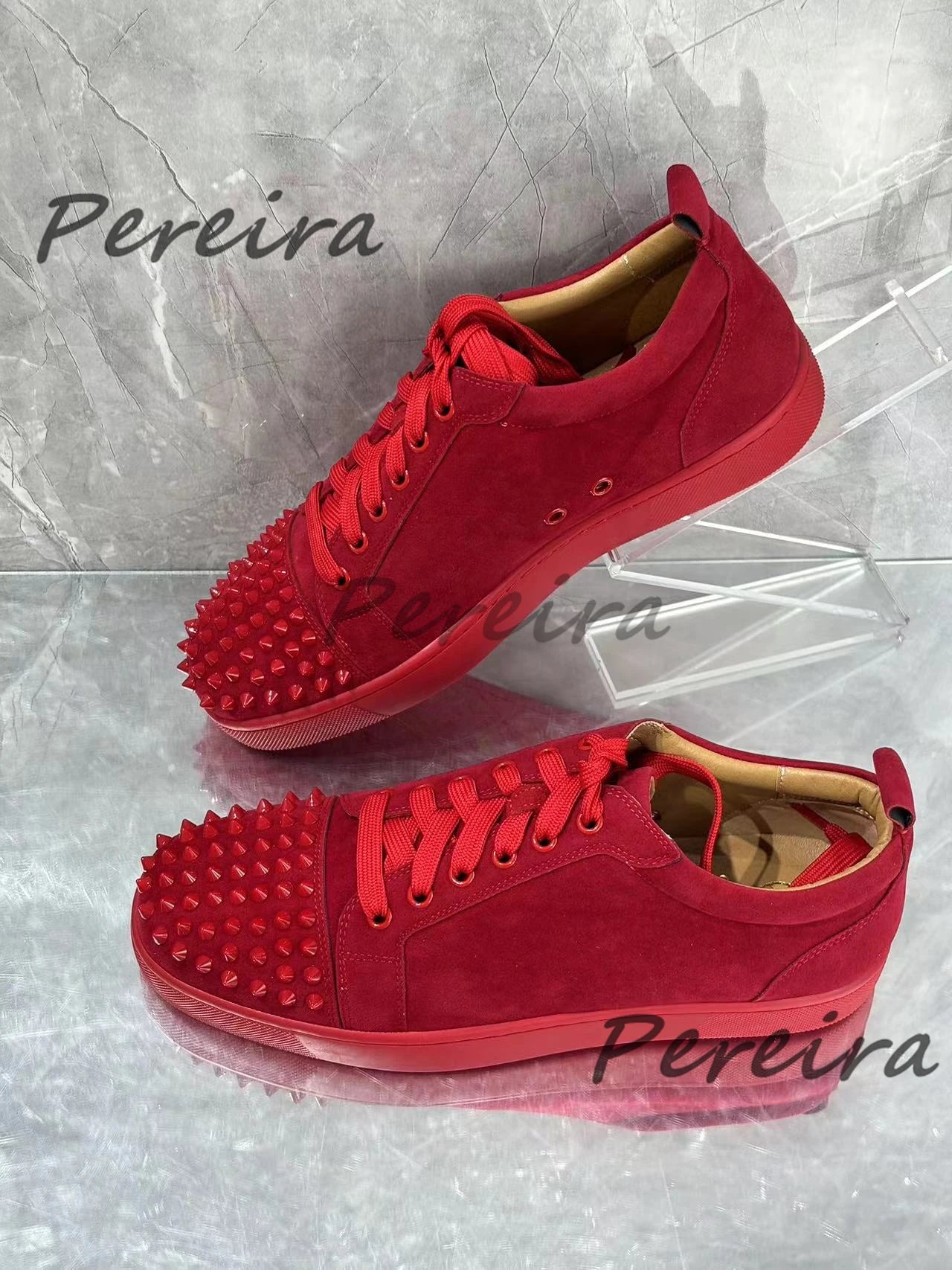 Men Rivet Casual Shoes Couple Sneakers Red Suede Round Toe Lace-Up Flats Summer Genuine Leather Platform Outdoor Walking Shoes