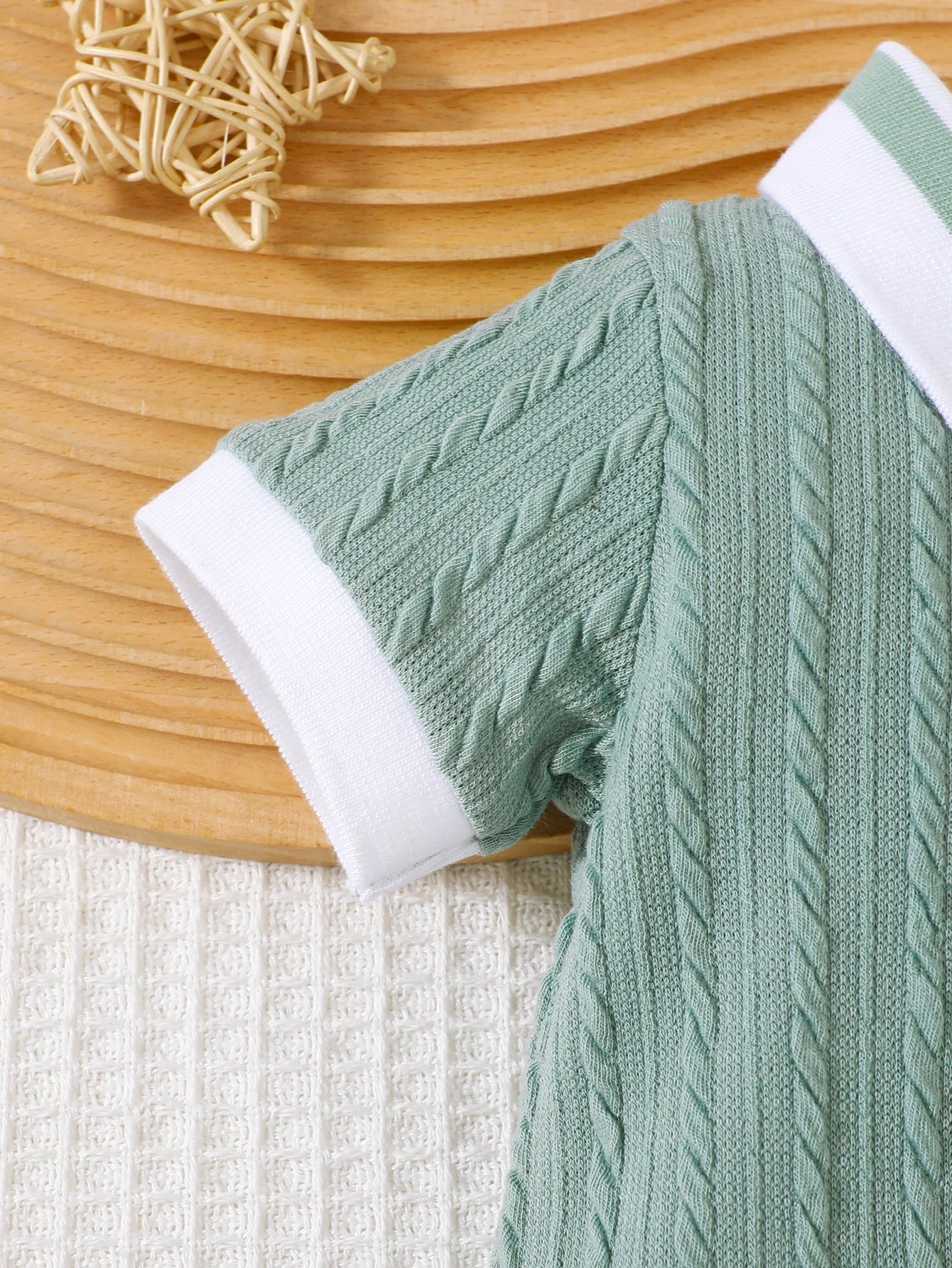 Baby Hani Bear Towel Embroidered Short Sleeve Polo Collar Ribbed Splicing Knitted Jacquard jumpsuit