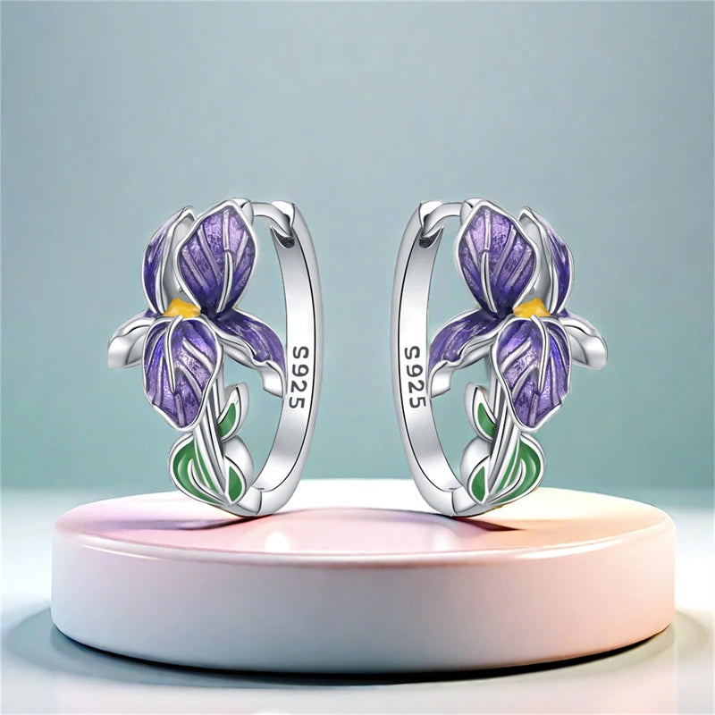 925 Sterling Silver Floral plant series greenery iris vine Hoop Earrings For Women Wedding Engagement Birthday Jewelry Gift 2024