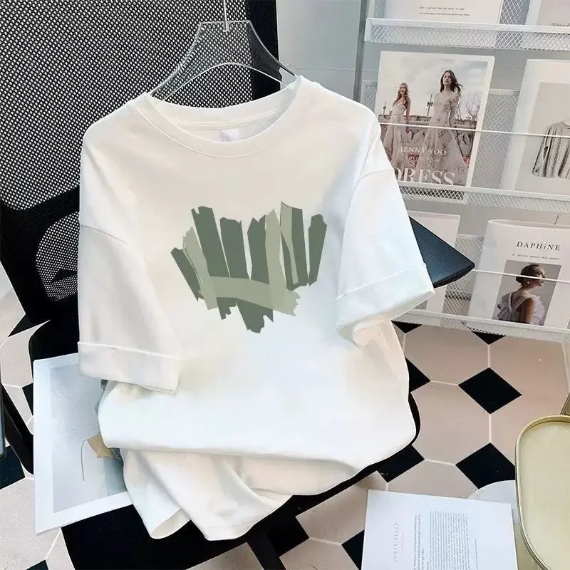White Pure Cotton T-shirt Women Short Sleeved 2024 Summer New Loose Casual Oversized Half Sleeved T-shirt Round Neck Top Clothes