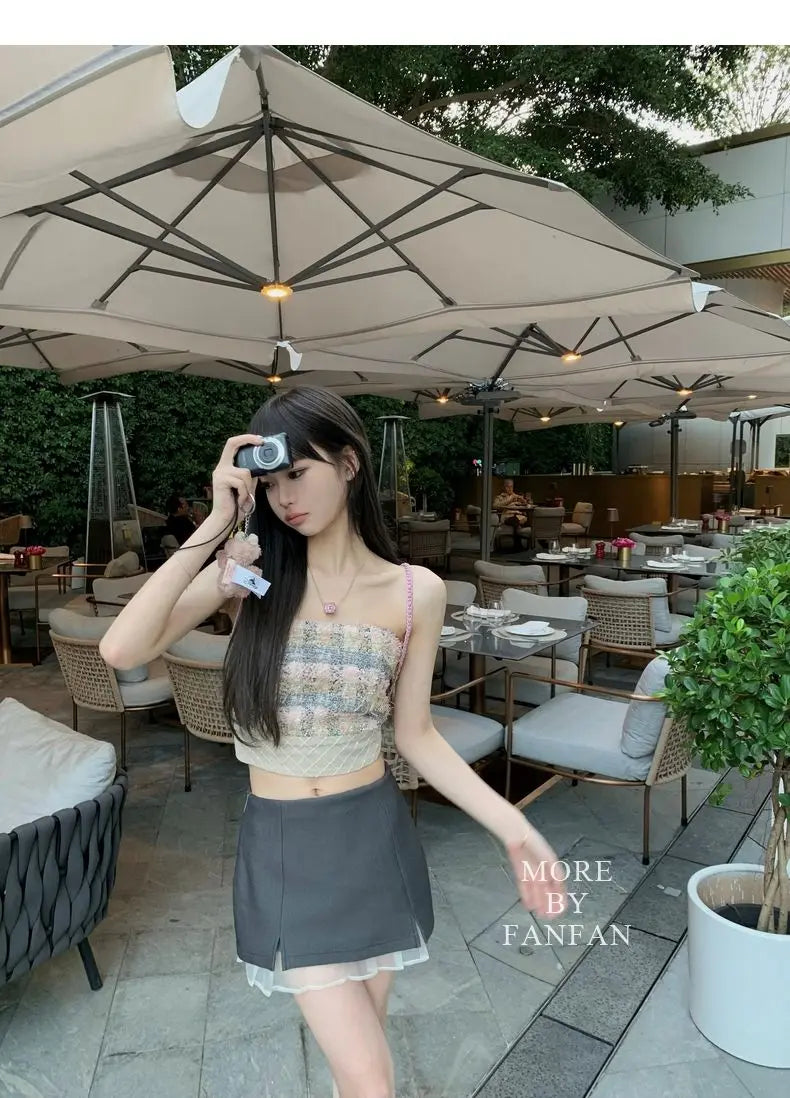 Sexy  Camis Plaid Chic  tube top Slim Korean Tanks Top Sleeveless Elegant  Crop Top Summer Women Bustier