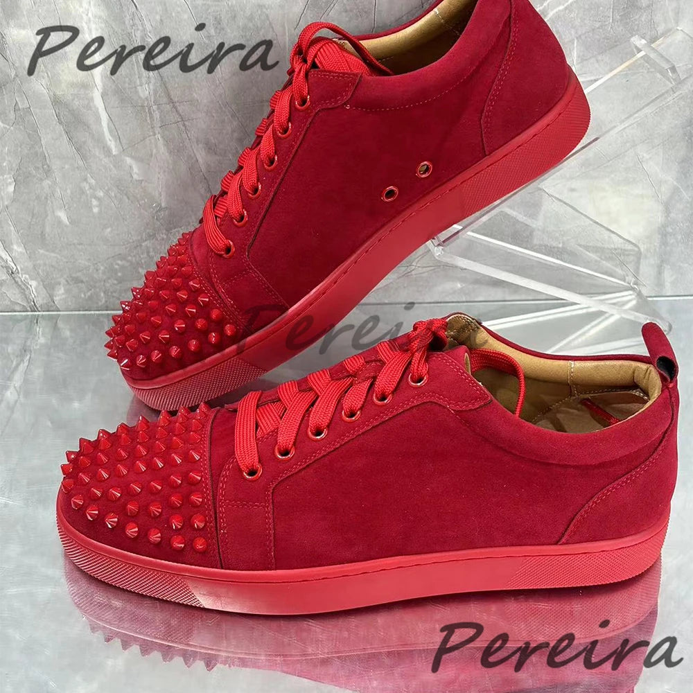 Men Rivet Casual Shoes Couple Sneakers Red Suede Round Toe Lace-Up Flats Summer Genuine Leather Platform Outdoor Walking Shoes