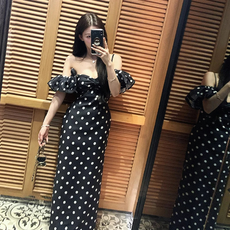 French Retro Off-Shoulder Polka Dot Printed Dresses Women Summer Sheath Holiday Elegant Female Long Dress