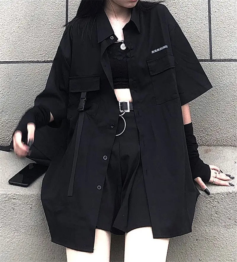 Gothic Skirt Set Loose Shirt Pleated Mini Skirts 2 Piece Sets Korean Retro Casual Outfits Women Spring Summer Aesthetic Y2k Suit