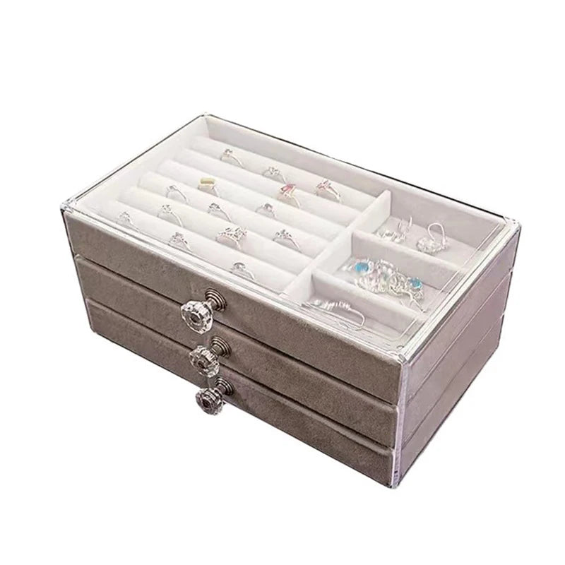 High-capacity Transparent Three-layer Flannel Jewelry Box Drawer Jewelry Box Earring Necklace Ring Dustproof Display Storage Box