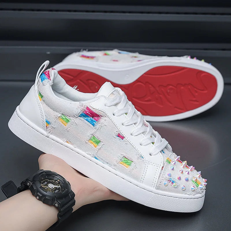 Men's and Women's Street Dance Shoes, Perforated Canvas, Fashionable, Breathable, Red Sole, Rivet, Personalized Casual Shoes