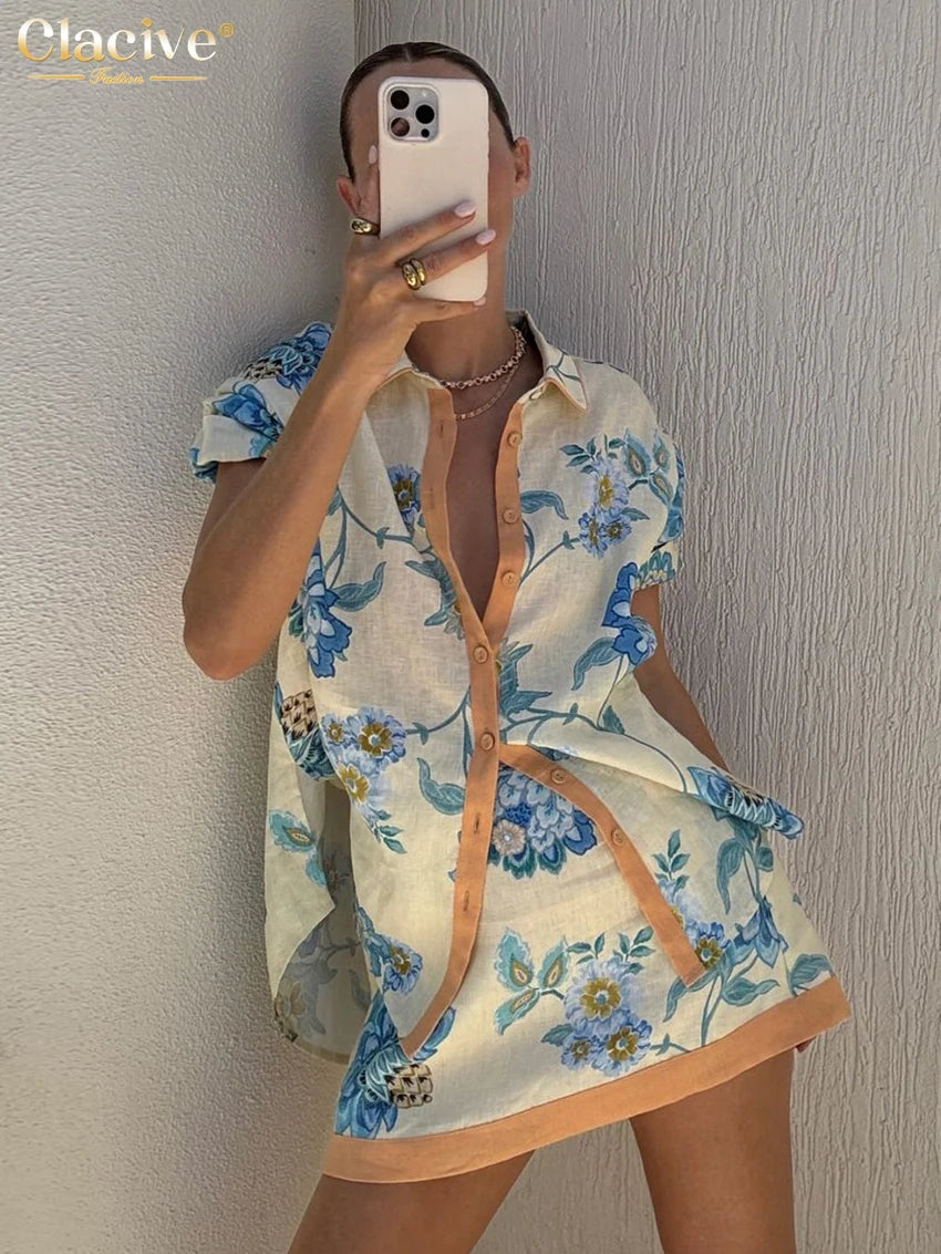 Clacive Summer Loose Print Women 2 Piece Set Outfit 2025 Vintage Short Sleeve Shirt With High Waist Mini Skirt Set Streetwear
