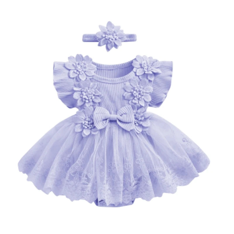 3D Flower Summer Baby Girls Romper Princess Mesh Newborn Clothes Lace Patchwork Ruffle Bodysuit Dress Headband Kids Clothing