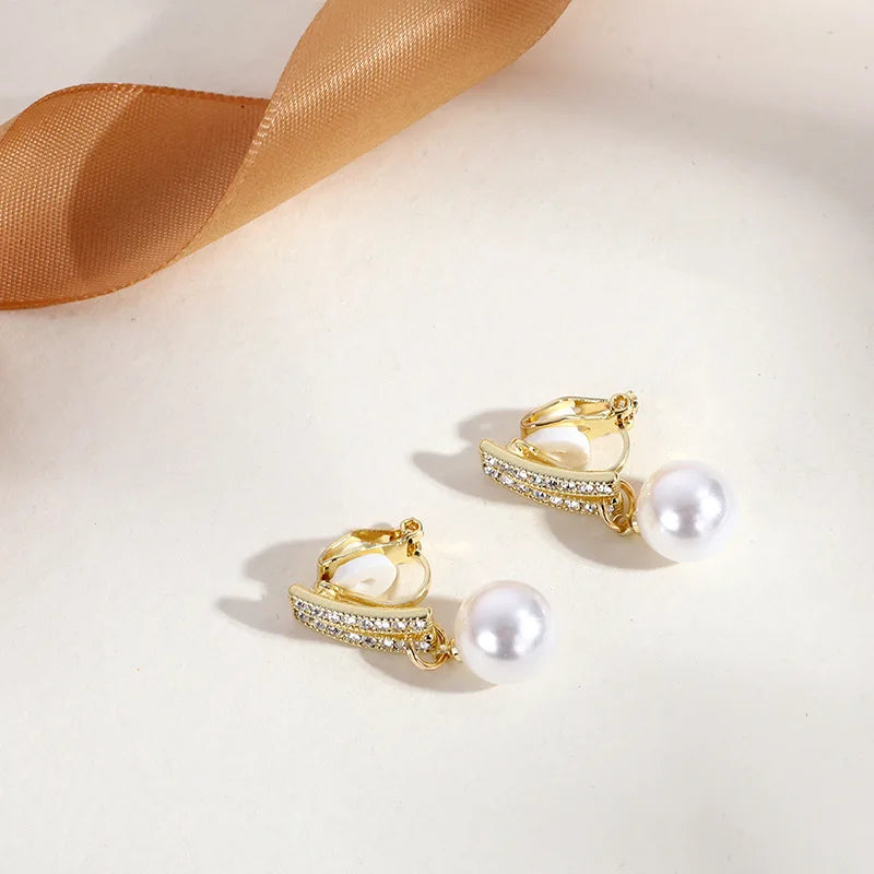 GRACE JUN New Arrival Clip on Earrings for Women's Fashion Pearl Enamel No Pierced Earrings Gold Color Cuff Earrings Ear Clip