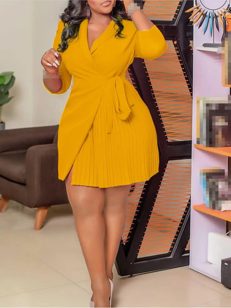 Women  Solid Plus Size Folds Dress Neck Pleated Blazer Style Dress Office Vintage Sexy Lady Belt Party Tight Curvy Short Dress