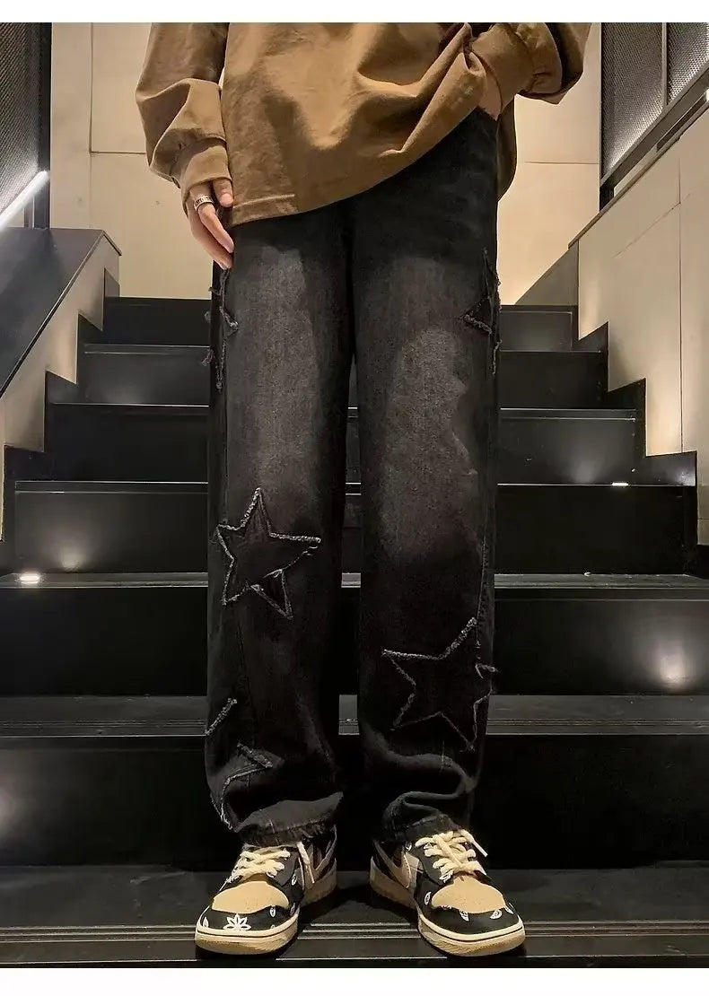 Star Embroidery Straight Casual Men Jeans Gothic Neutral New Wide Leg Loose Hip-hop Streetwear Denim Trousers Y2K pants man