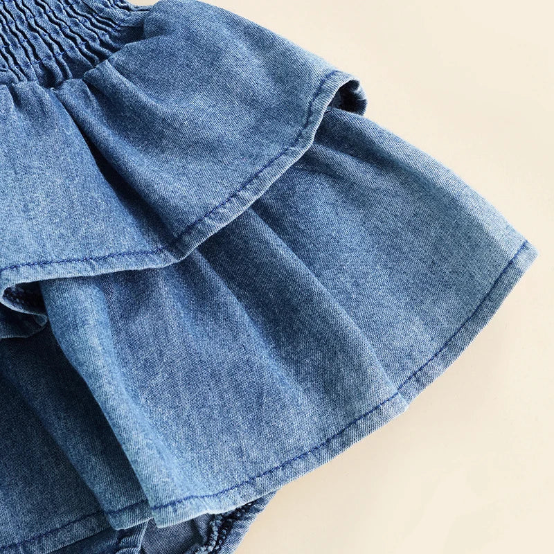 Baby Girl Clothing 2022 Summer Denim Romper Sleeveless Suspender Pleated Design Ruffle Hem Bottom Snap Button Cute Jumpsuit