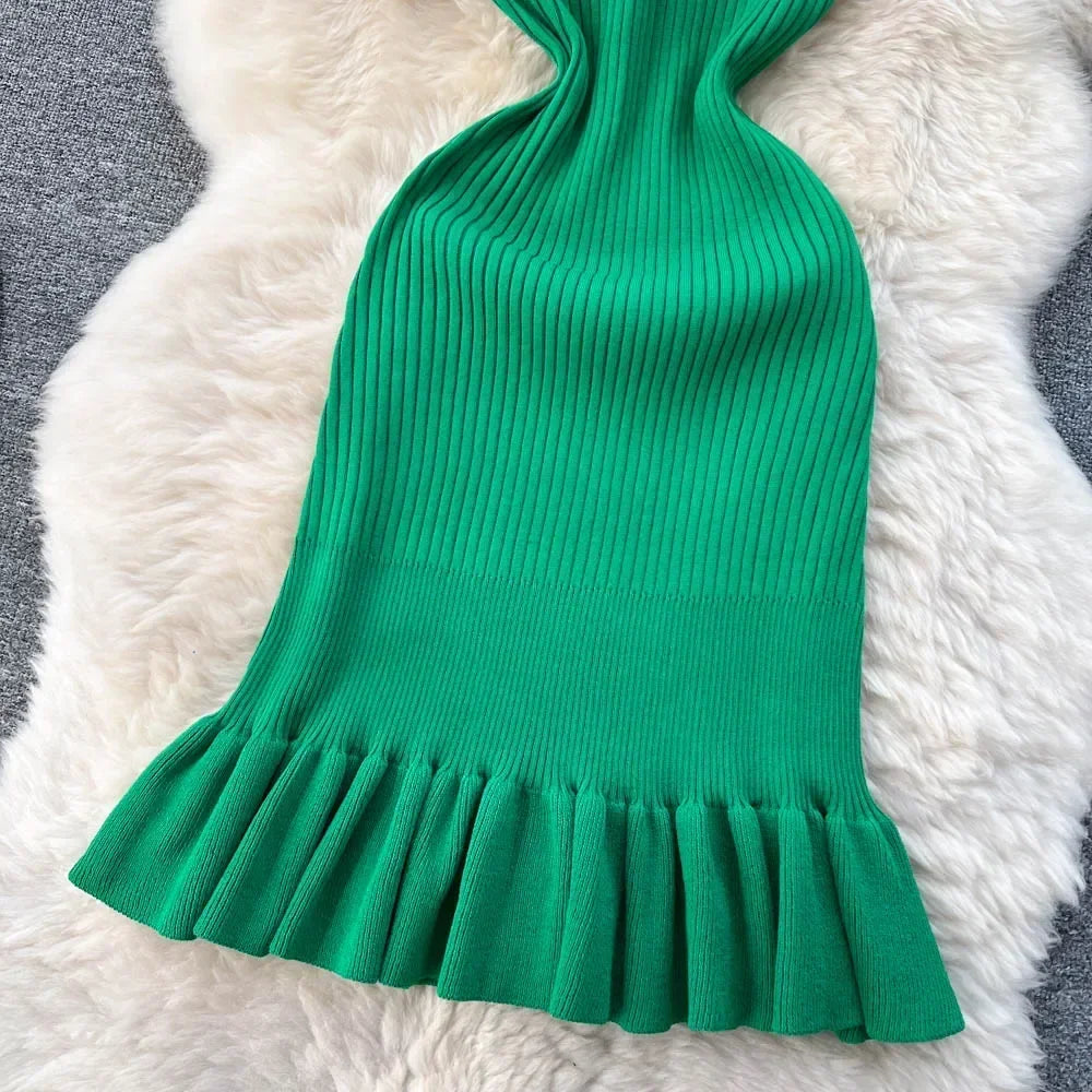 Abrini Summer Women Knitted Sexy Bodycon Dress O-Neck Sleeveless Ruffled Party Sundress High Street Elastic Slim Solid Dress