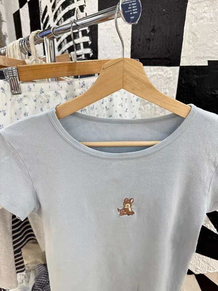 Little Dear Embroidery Blue T-shirt Woman Summer O-neck Short Sleeve Casual Slim Tee Tops Vintage Sweet Cotton Tshirt Y2k Top
