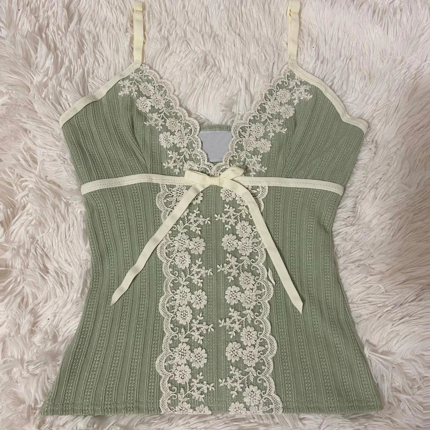 Fashion Y2k Vintage Summertime Fairy Loose V-neck vest Lace Kawaii style print Emo girl street wear tank tops trash crop tops
