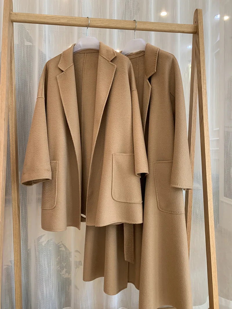 Korean Women Handmade Hepburn Corrugated Water Ripples Coat Double-sided Cashmere Wool Long Woolen Jacket Cashmere Coat Max