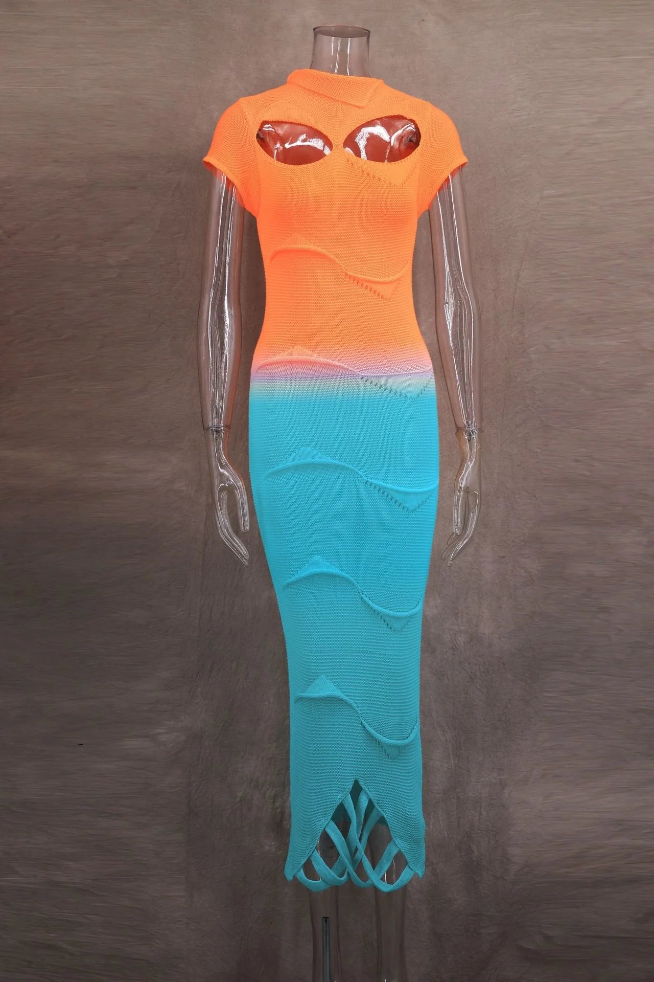 Sexy Knitted Gradient Orange Blue Hollow Out Maxi Dress Women Fashion Short Sleeve Skinny Stretch Tassel Y2K Birthday Long Dress