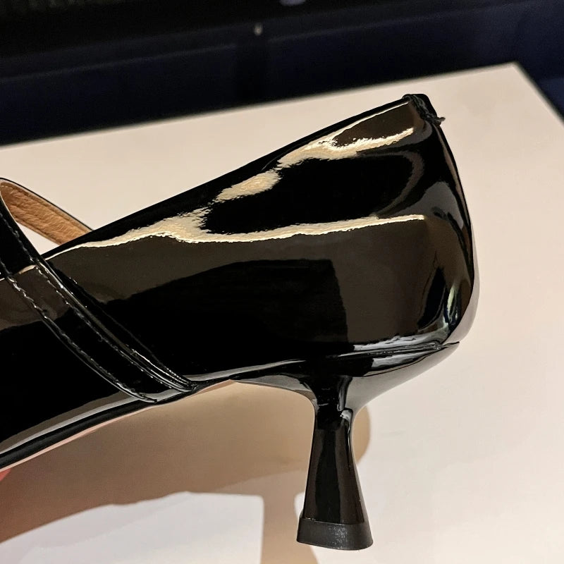Short Heels Mary Janes Shoes Women Pumps Genuine Leather Point Toe Black Nude Red Heeled Office Wedding Shoes Female Large Size