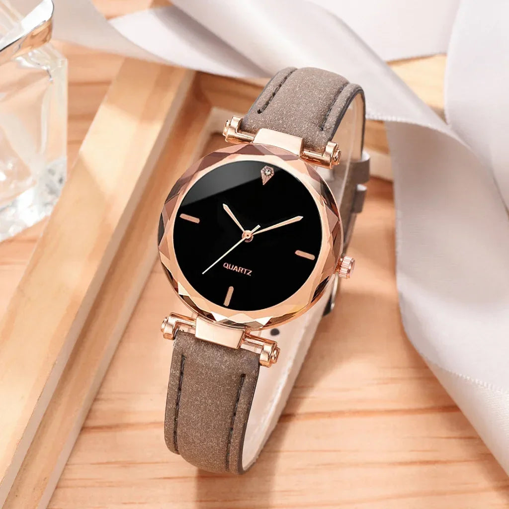 2pcs Luxury Fashion Women Watch Set PU Leather Strap Ladies Quartz Wristwatch Rhinestone RoseGold Alloy Bracelet For Ladies Gift