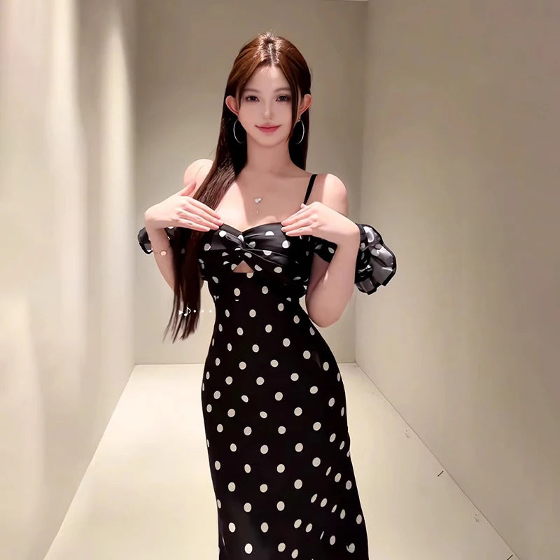 French Retro Off-Shoulder Polka Dot Printed Dresses Women Summer Sheath Holiday Elegant Female Long Dress