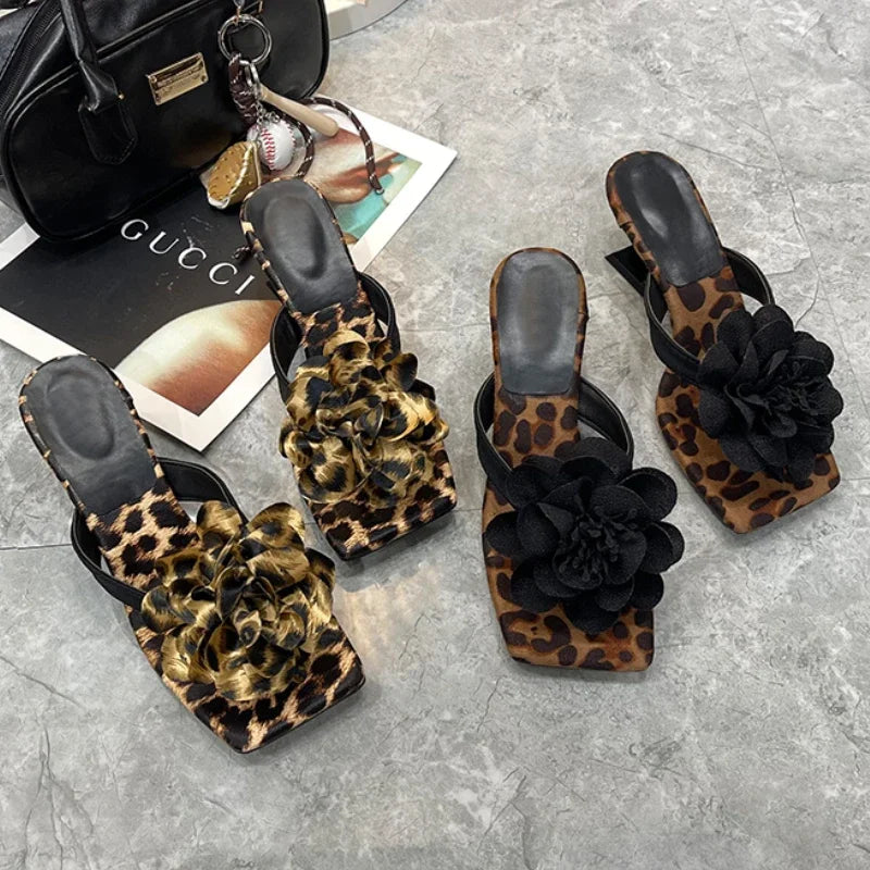Flower Women Slippers Leopard Clip Toe Heeled Shoes Fashion Woman Sandals Summer 2025 Beach Flip Flops Dress Zapatillas De Mujer