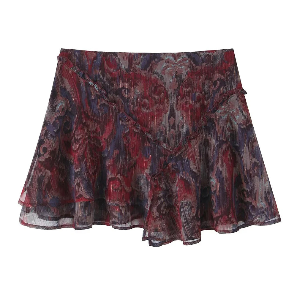 2025 Spring/Summer New Fashionable Women's Clothing Retro Metal Line Printed Mini Skirt with Temperament Overlapping Half Body S
