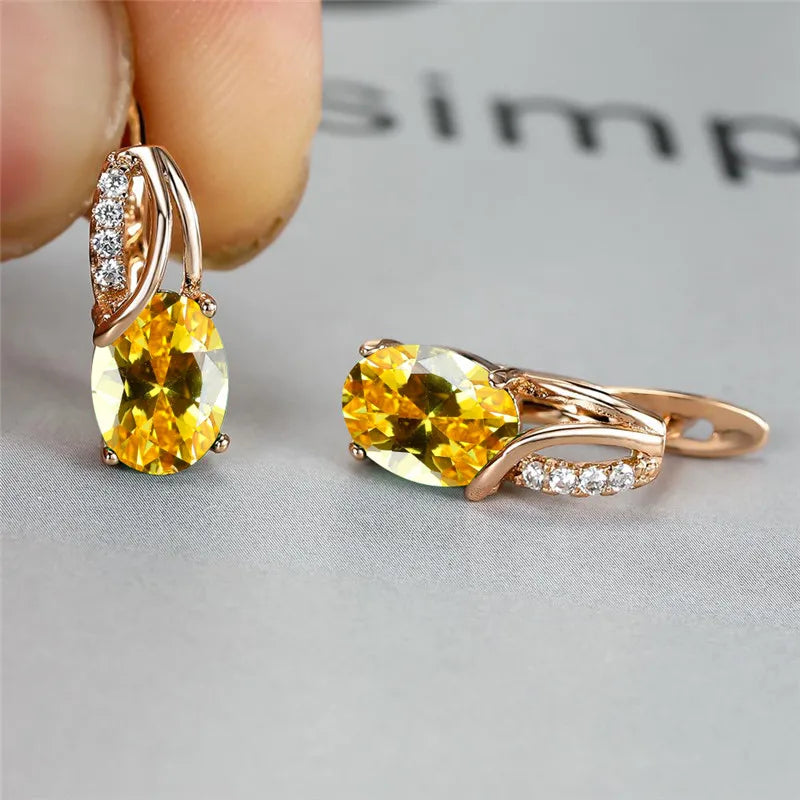 Crystal Purple Oval Stone Jewelry Rose Gold Color Wedding Hoop Earrings For Women