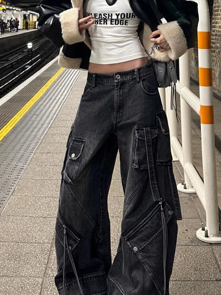 2024 Punk Style Y2K Streetwear Washed Black Baggy Cargo Jeans Pants For Women Designer Clothes Wide Leg Lady Trousers Ropa Mujer