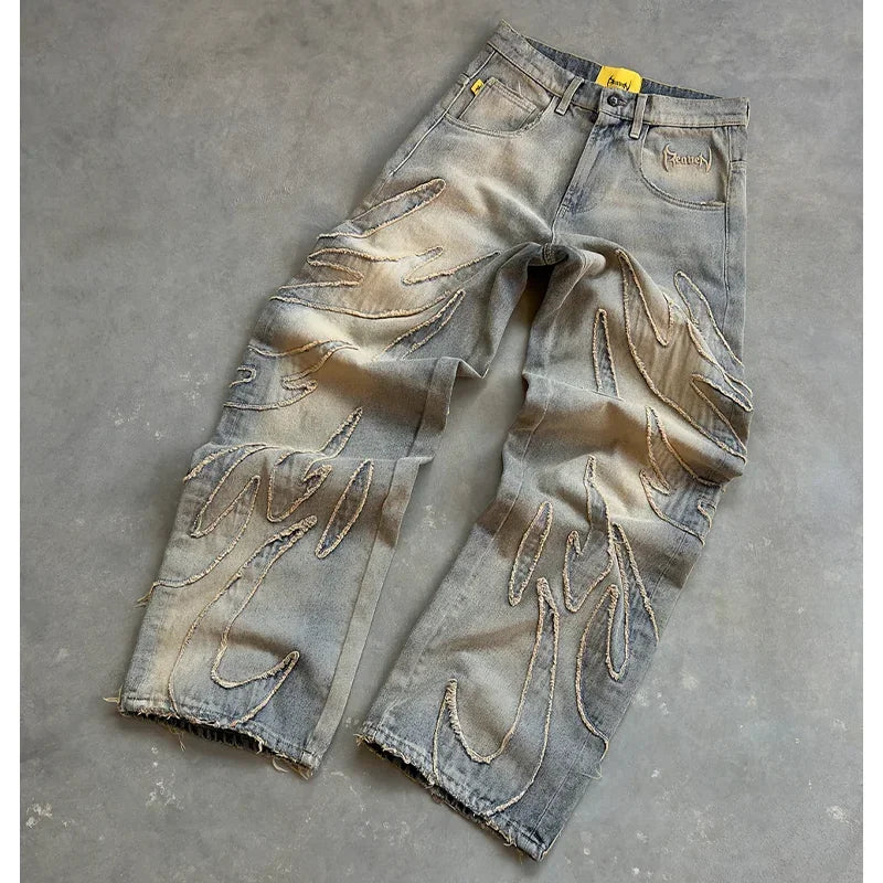 2025 New American Retro Flame Embroidery Baggy Women's Jeans Y2K Harajuku Hip Hop Gothic High Waist Wide Trousers Street Wear