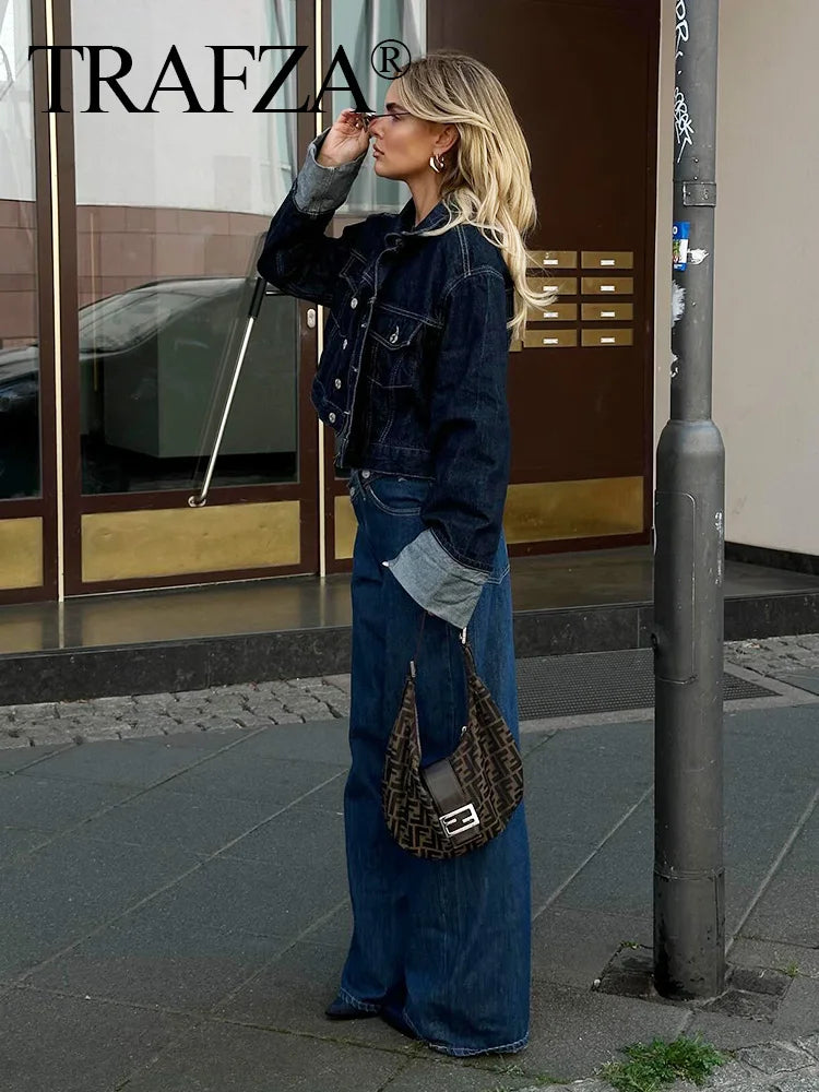 TRAFZA 2024 Women's Denim Pants Set Long Sleeve Jacket Coat+ Solid Pocket Baggy Long Pants Casual Loose Streetwear Mujer Roupas