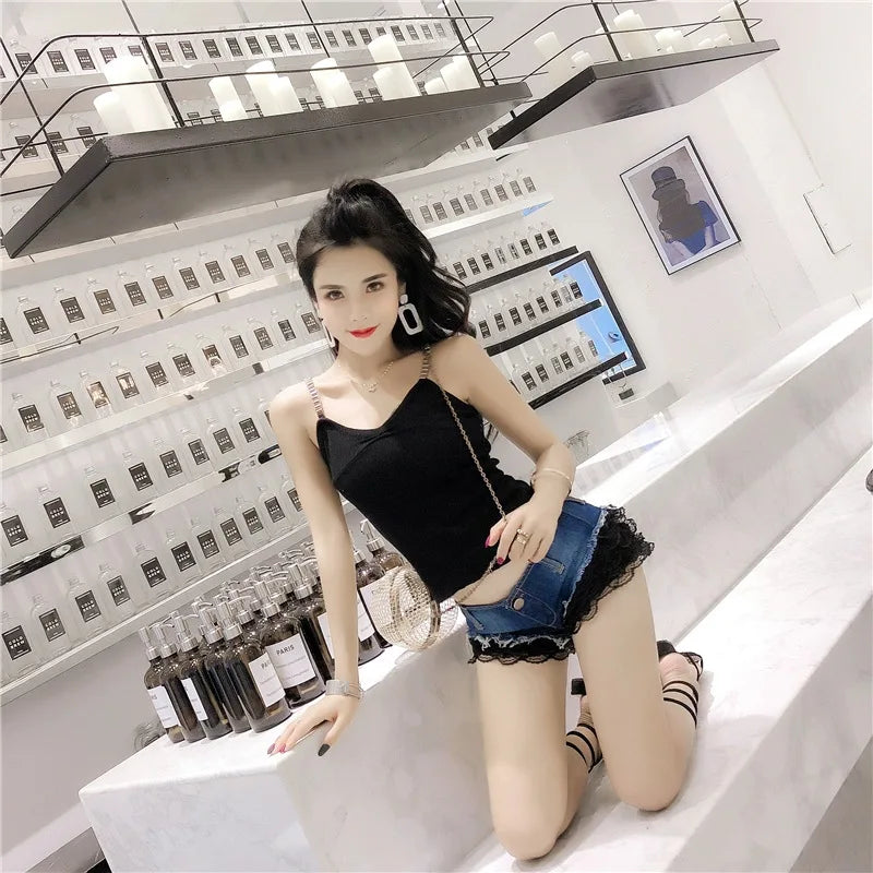 Y2k Shorts Women Nightclub Denim Shorts Lace Low Waist Sexy Hot Pants Female Super Shorts Pink