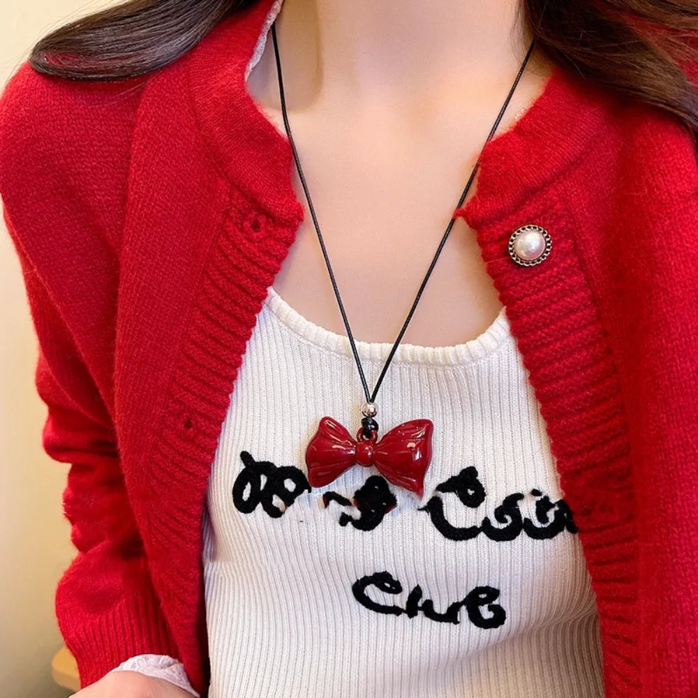 Casual Christmas Red Bow Necklace Jewelry Love Necklace Personalized Gifts Heart Pendant Creative Sweater Chain For Women Girls