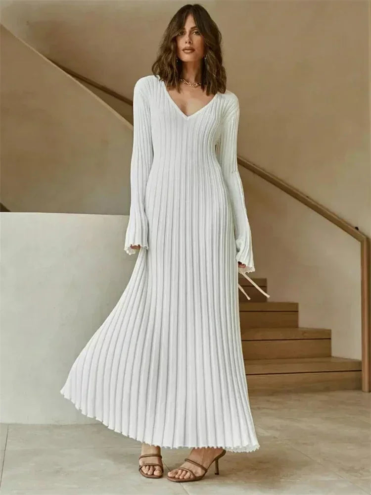 Tossy Autumn New V-Neck Knit Maxi Dress Women Ribbed Elegant Long Sleeve Streetwear High Waist Pleated Dresses Ladies Knitwear