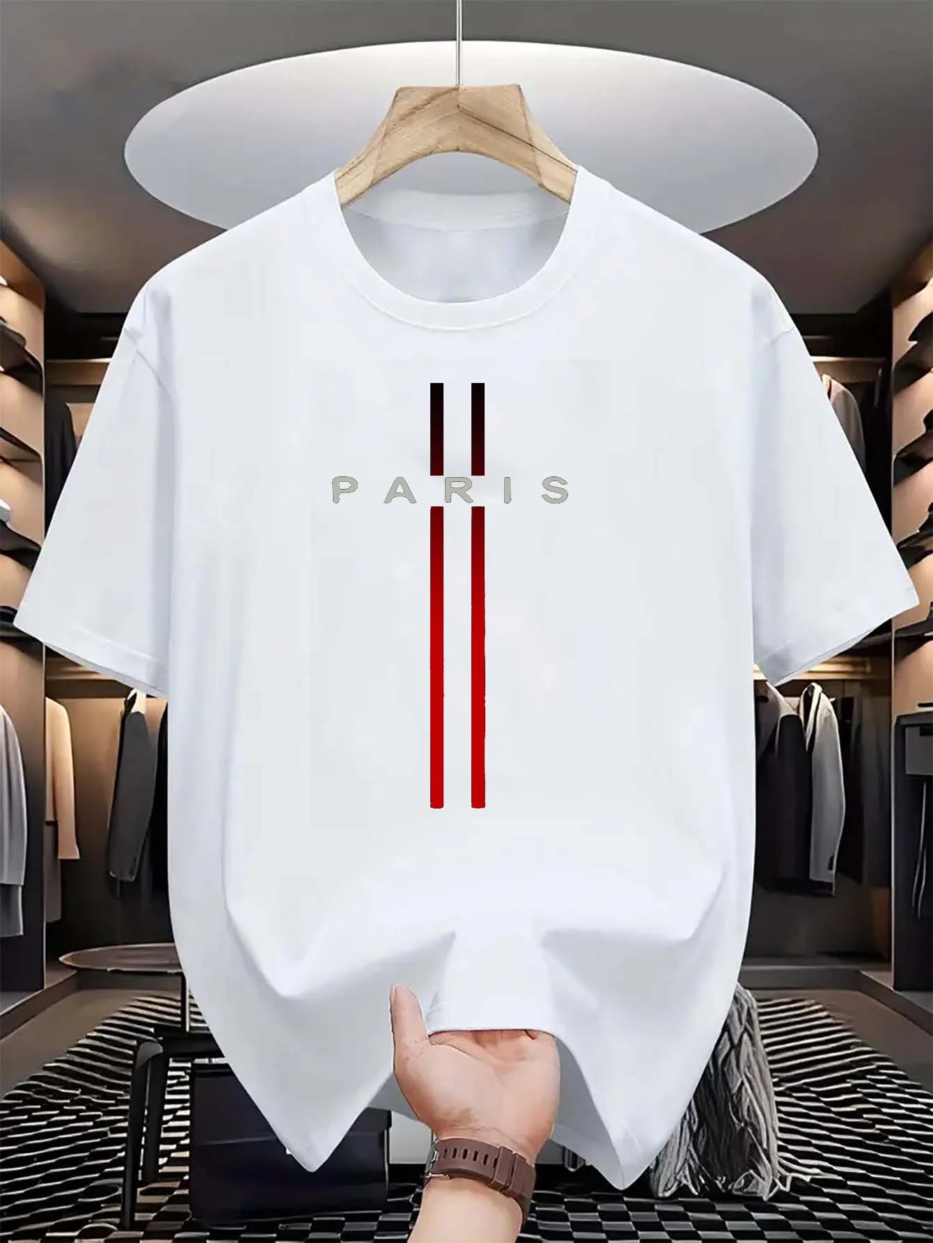 Summer casual 100% polyester men's round-neck short-sleeved shirt with fashionable Parisian letter print
