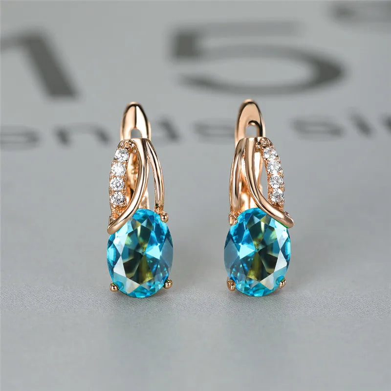 Crystal Purple Oval Stone Jewelry Rose Gold Color Wedding Hoop Earrings For Women