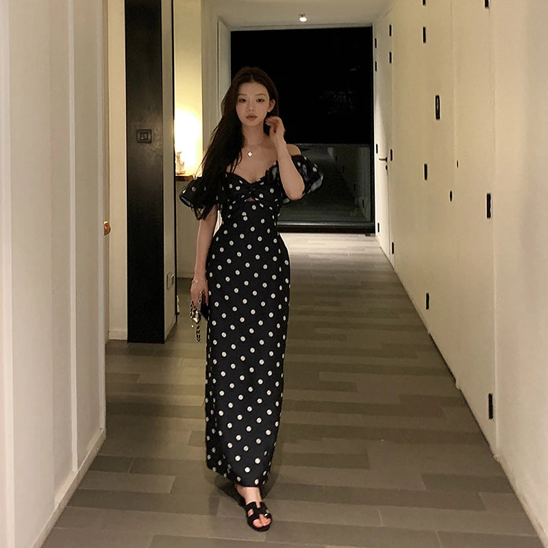 French Retro Off-Shoulder Polka Dot Printed Dresses Women Summer Sheath Holiday Elegant Female Long Dress