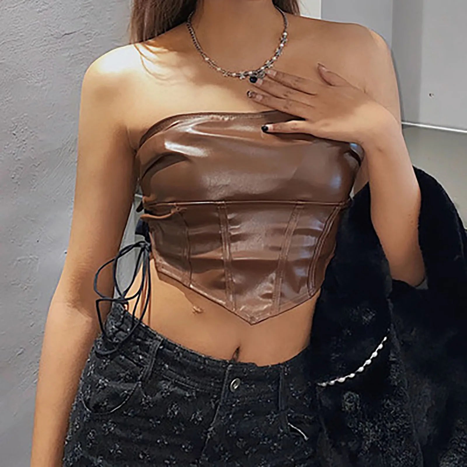 Women Strapless Tube Top Sexy Ladies Female Solid PU Leather Tanks Vest Sexy Backless Skinny Off Shoulder Sleeveless Crop Tops