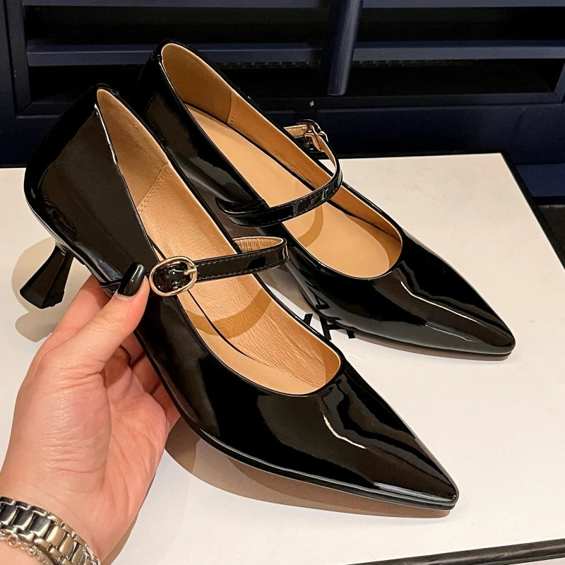 Short Heels Mary Janes Shoes Women Pumps Genuine Leather Point Toe Black Nude Red Heeled Office Wedding Shoes Female Large Size