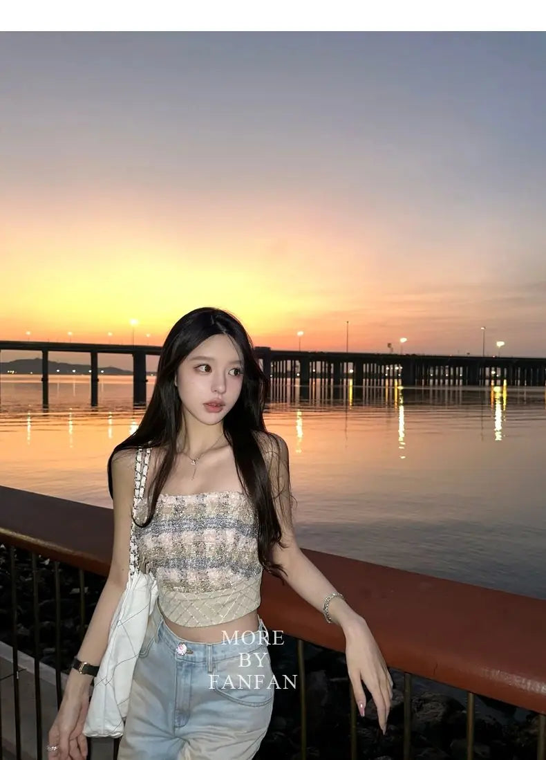 Sexy  Camis Plaid Chic  tube top Slim Korean Tanks Top Sleeveless Elegant  Crop Top Summer Women Bustier