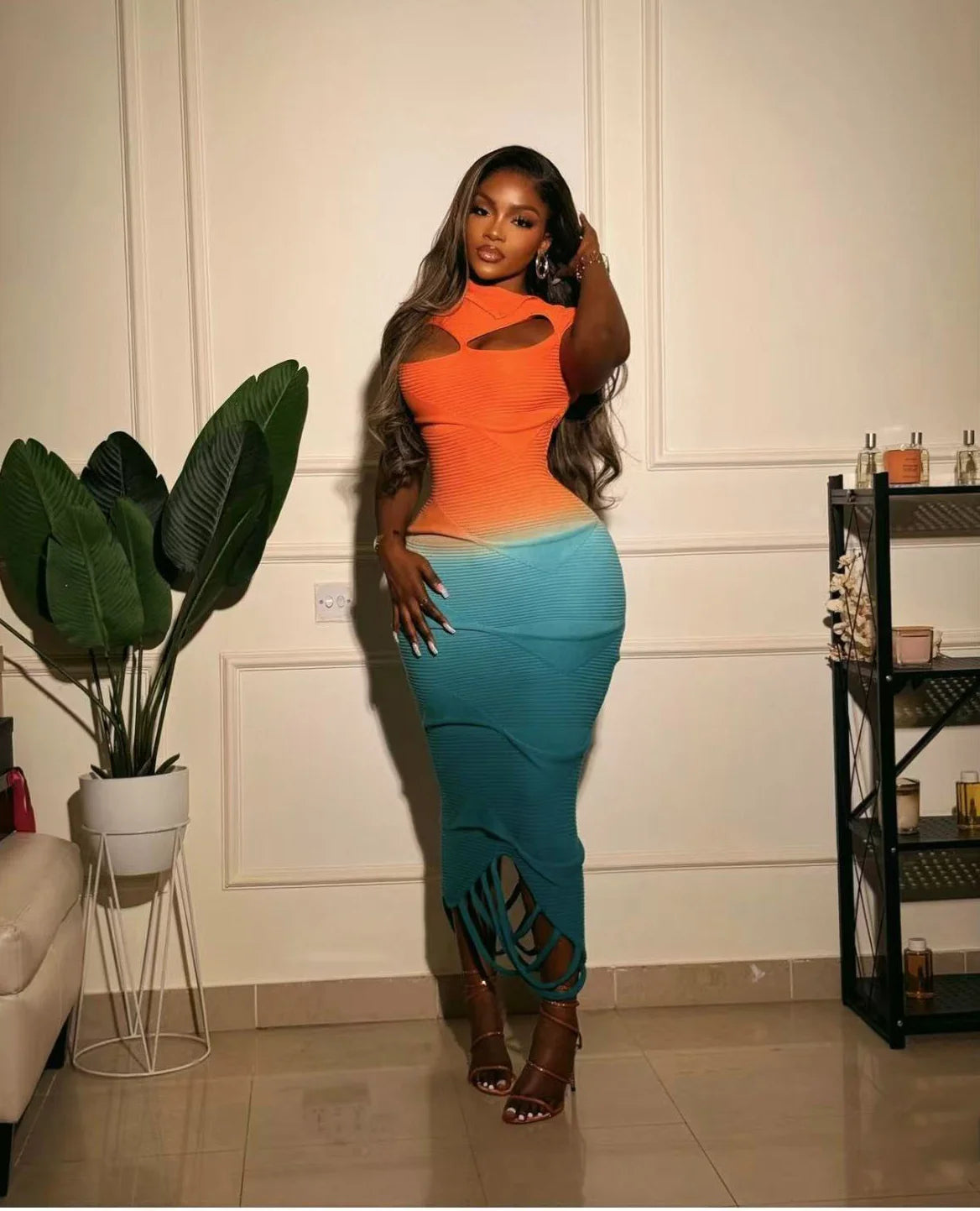 Sexy Knitted Gradient Orange Blue Hollow Out Maxi Dress Women Fashion Short Sleeve Skinny Stretch Tassel Y2K Birthday Long Dress