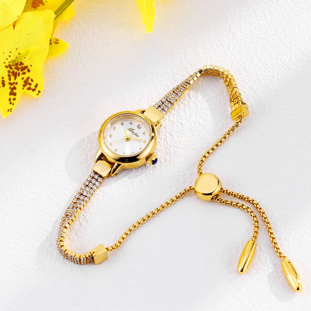 Small Watch For Women Adjustable Diamond Bracelet Simple Stylish Ladies Quartz Watch Gold Mini Dial Party Dress Wristwatch New