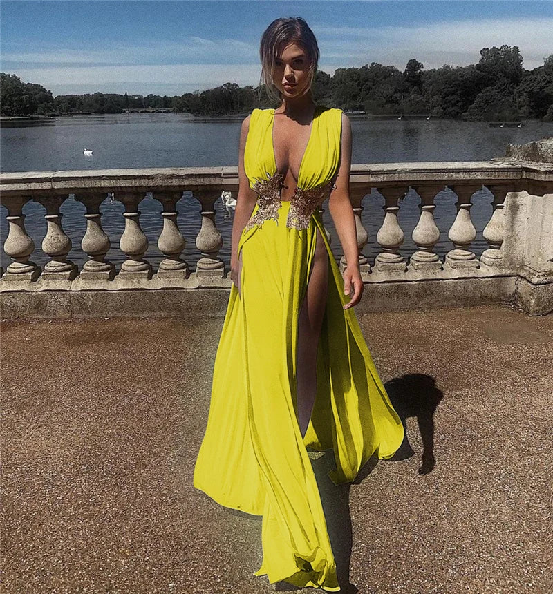 Sexy Deep V-neck Embroidery High Slit Maxi Dress Women Elegant Evening Wedding Sleeveless Backless Party Long Dresses Robe Femme