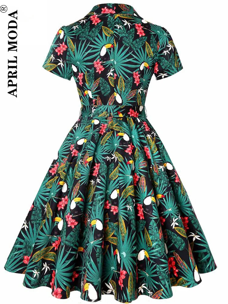 2025 Parrot Bird Print Summer Women Vintage Dress Casual Green Retro Pin UP Pinup Party Robe Rockabilly 50s 60s Swing Sundress