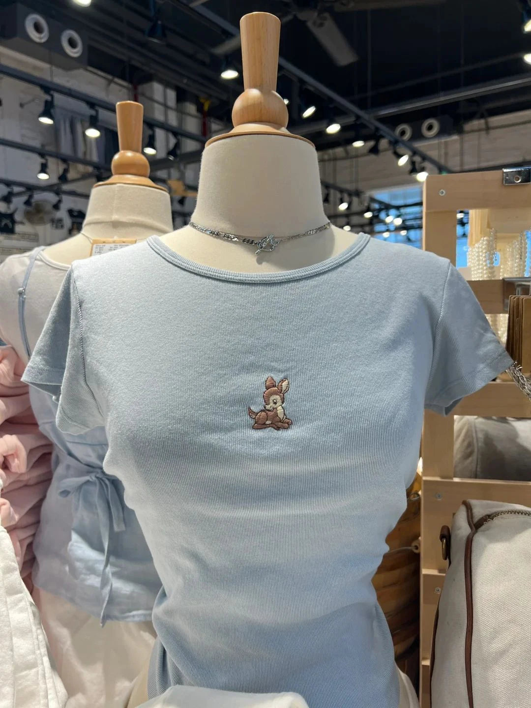 Little Dear Embroidery Blue T-shirt Woman Summer O-neck Short Sleeve Casual Slim Tee Tops Vintage Sweet Cotton Tshirt Y2k Top