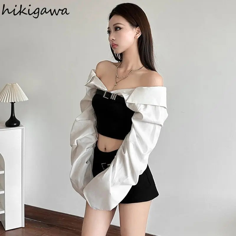 2025 Ropa Mujer Y2k Woman T Shirts Contrast Color Slash Neck Sexy Tees Crop Tops Slim Waist Fashion Casual Streetwear Tshirts