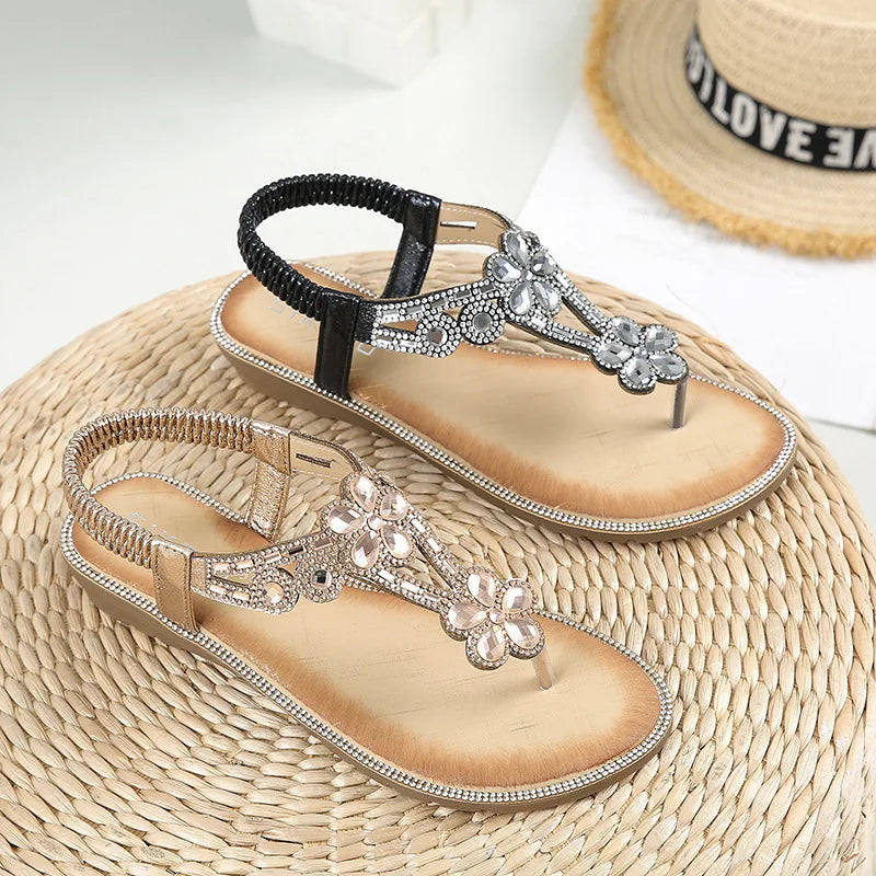 Woman Sandals Rhinestone Open Toe Fashion Female Shoes Solid Color Summer Open Toe Beach Sandalias Non-Slip