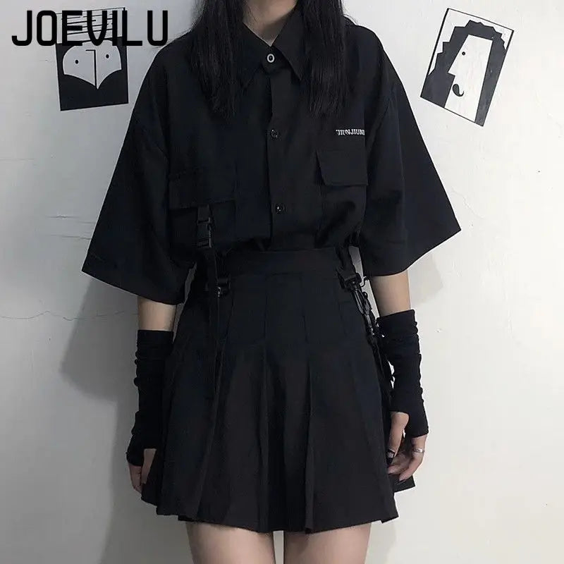 Gothic Skirt Set Loose Shirt Pleated Mini Skirts 2 Piece Sets Korean Retro Casual Outfits Women Spring Summer Aesthetic Y2k Suit