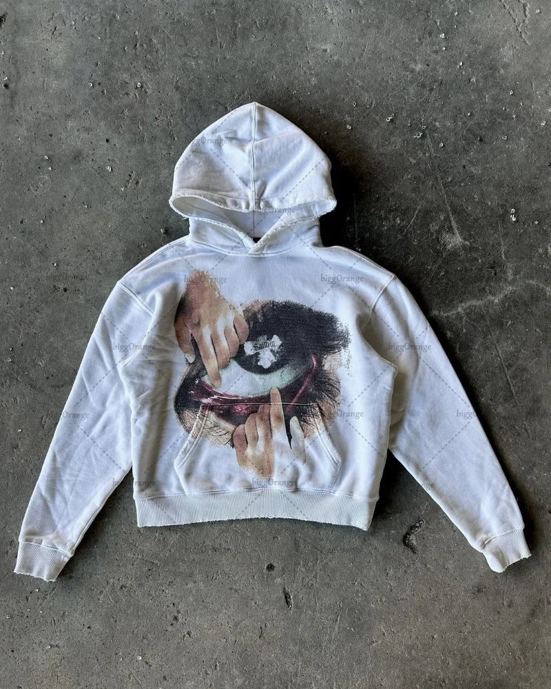 Gothic Punk Trend Y2K Streetwear American Retro Pattern Printed Loose Hoodie Men Hip-hop Harajuku Casual Oversized Sweatshirt