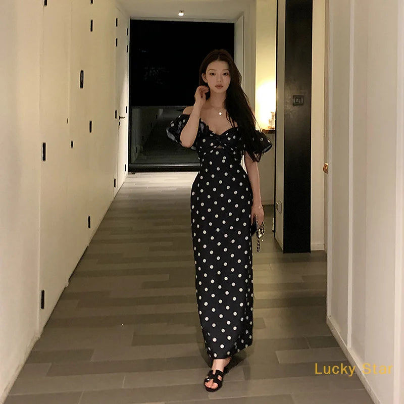 French Retro Off-Shoulder Polka Dot Printed Dresses Women Summer Sheath Holiday Elegant Female Long Dress