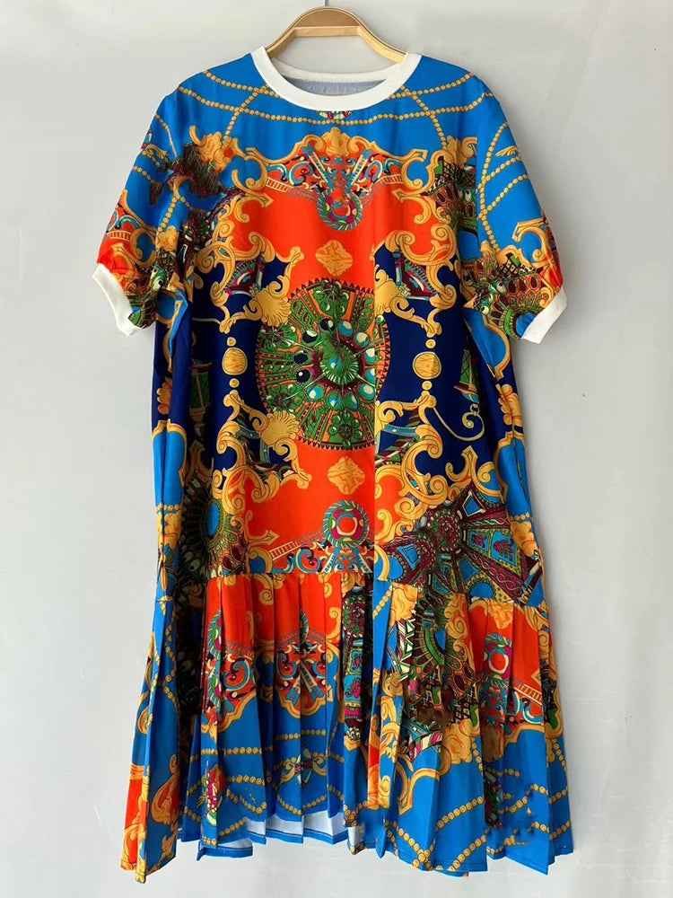 Elegant temperament geometric printing short-sleeved loose dress 2025 summer women's new stitching hem casual straight skirt